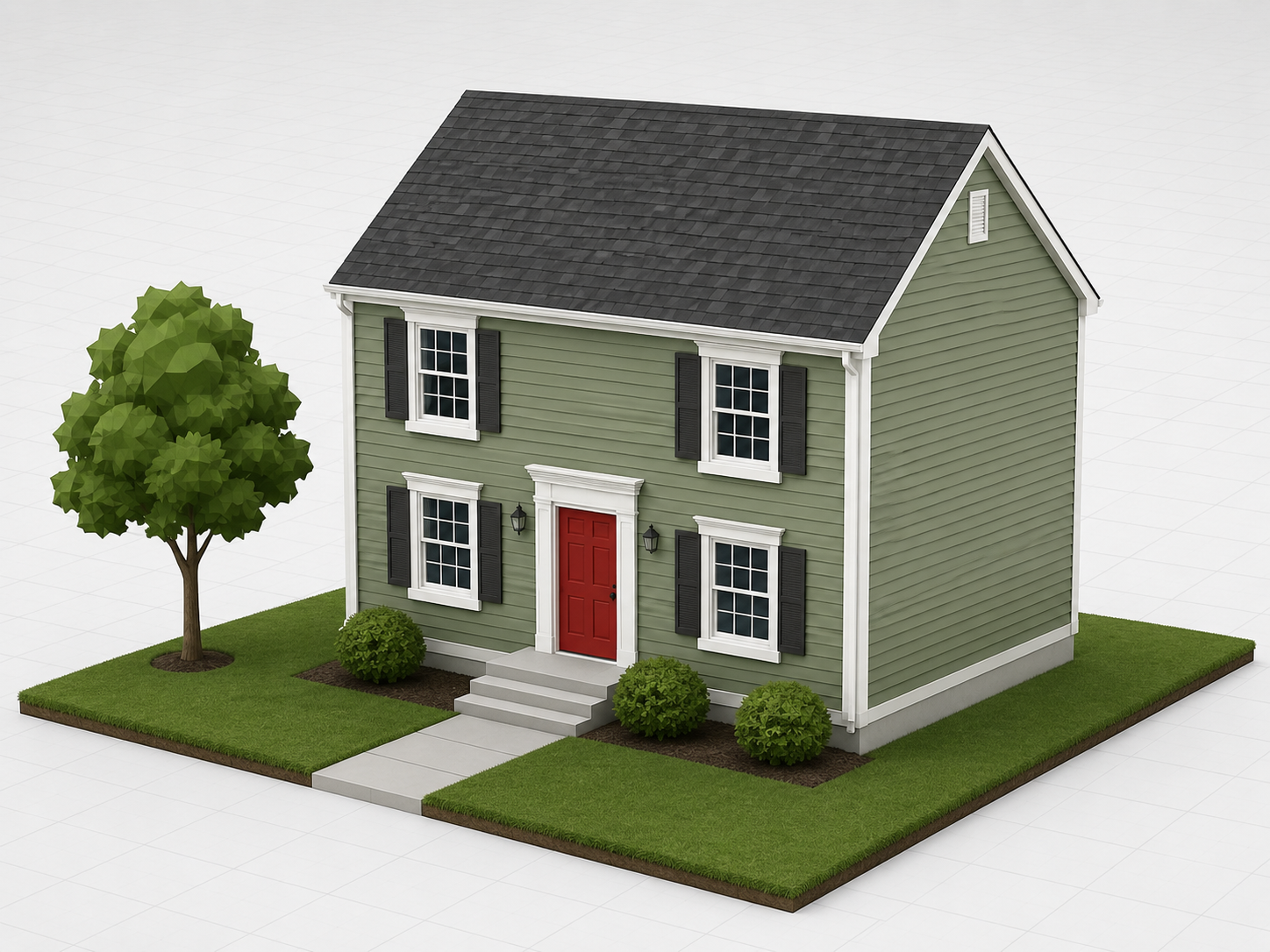 Stylized 3D rendering of a colonial home — the kind of model we walk through together on your Zoom