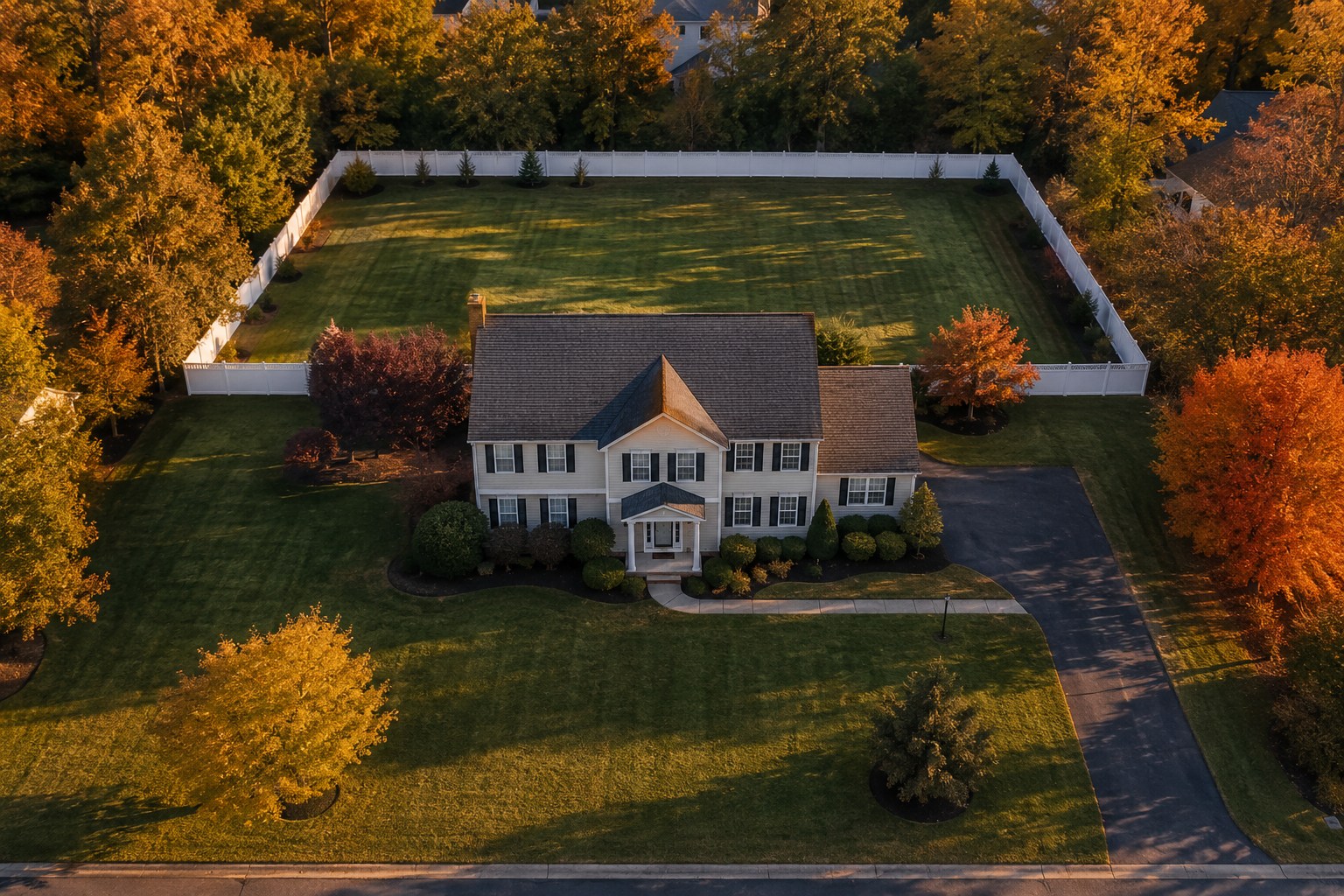 Wide drone view of an entire property with home and perimeter fence visible