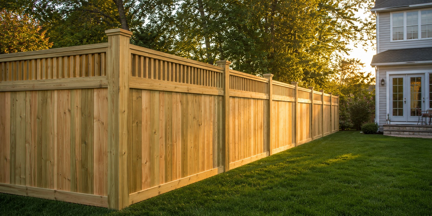 Cedar wood shadowbox fence at golden hour