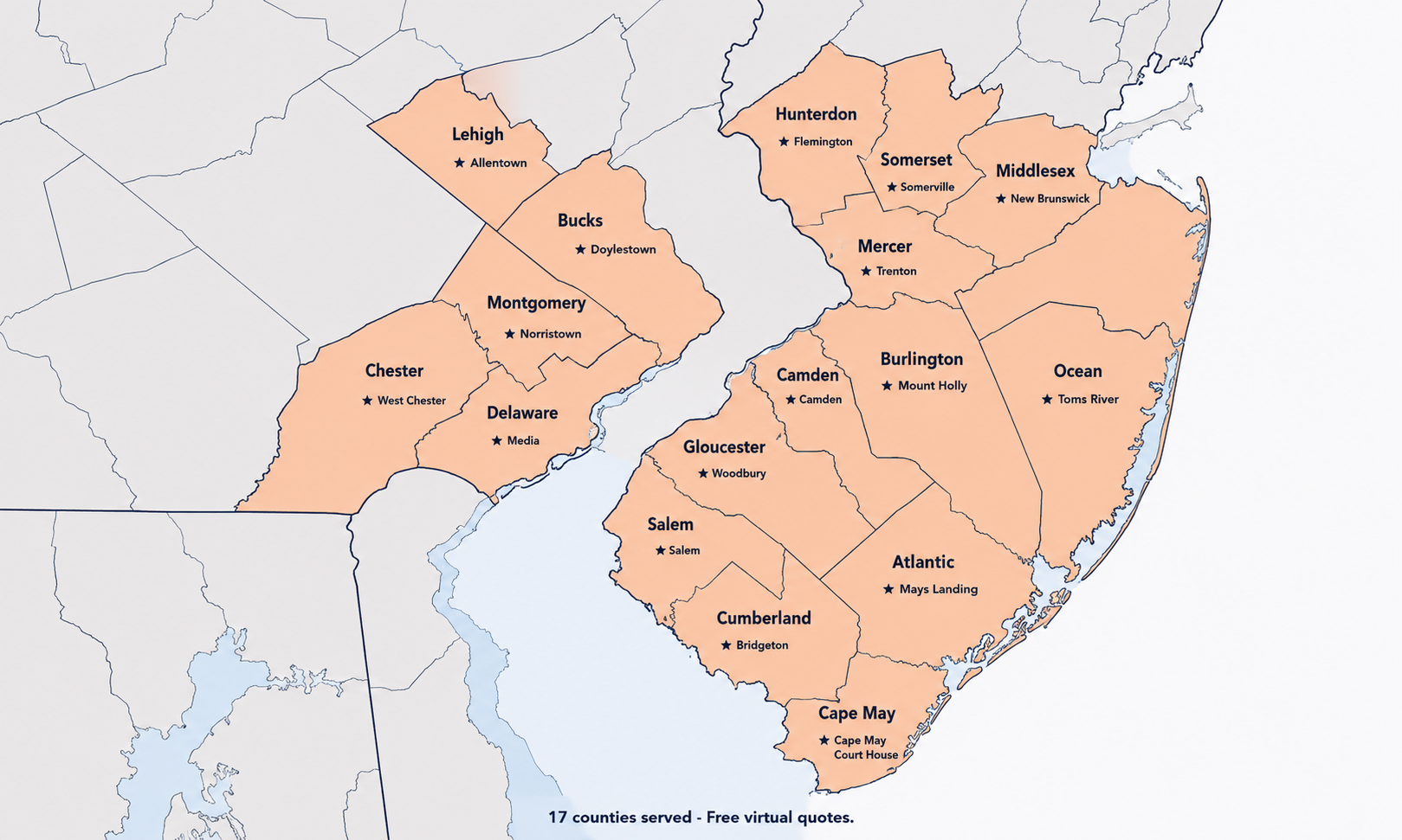 Map of 17 Pennsylvania and New Jersey counties served by D'Bros Exteriors